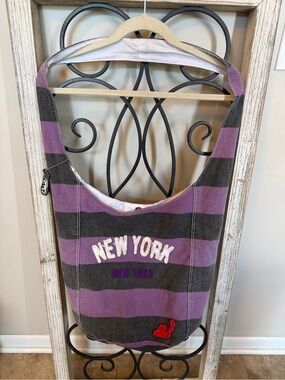 Striped Canvas Tote Bag - Purple & Gray with New York Embroidery